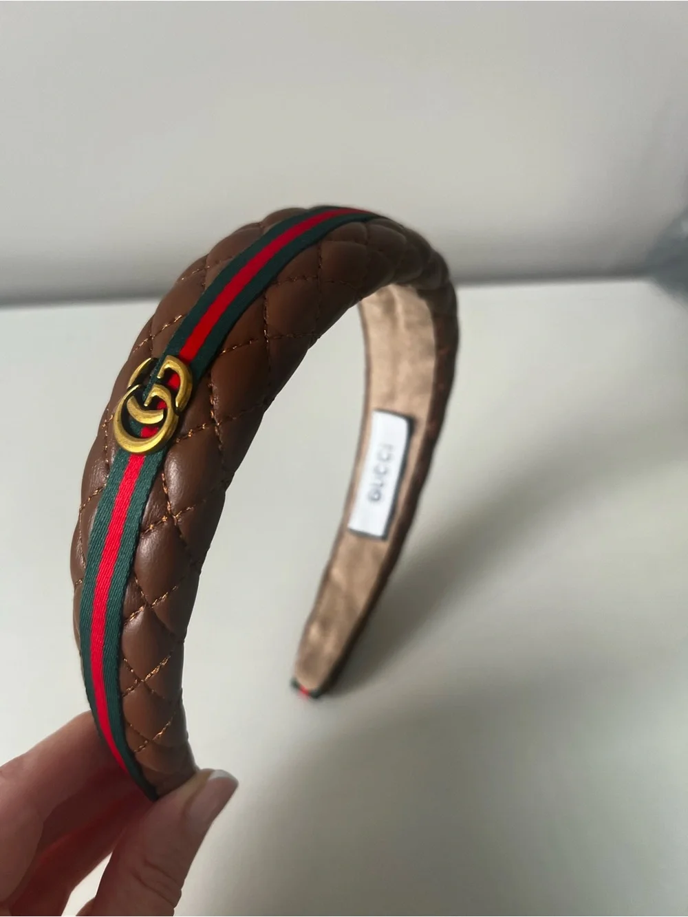 Gucci Quilted Brown Leather Headband with Red and Green Web Stripe